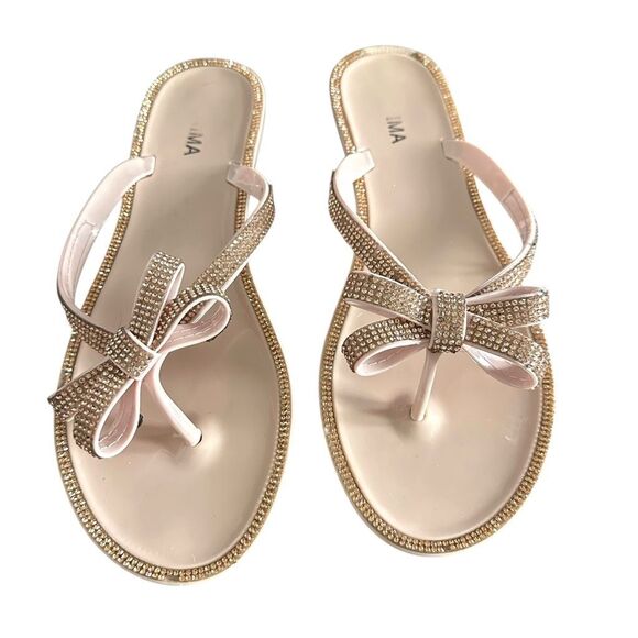 Prima Women Glitter Bow Flat Flip Flops Sandals Sequins Slip On Crystal Comforta - Picture 1 of 7